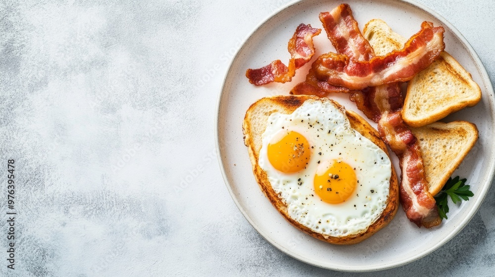 A high-quality AI-generated stock image of a classic breakfast featuring eggs, bacon, and toast on the right side, leaving space on the left for text. Perfect for morning meals, and food content. A high-quality AI-generated stock image of a classic breakfast featuring eggs, bacon, and toast on the right side, leaving space on the left for text. Perfect for morning meals, and food content.