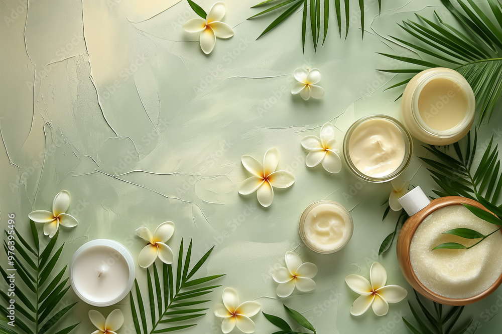 A serene arrangement features various natural skincare products surrounded by delicate tropical flowers and lush green leaves, creating a calming atmosphere A serene arrangement features various natural skincare products surrounded by delicate tropical flowers and lush green leaves, creating a calming atmosphere