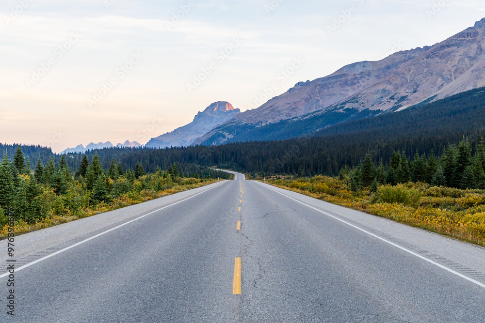 Fototapeta premium Scenic Roadway Through Banff, Alberta, Canada with Majestic Mountain Views and Lush Pine Forests at Dusk