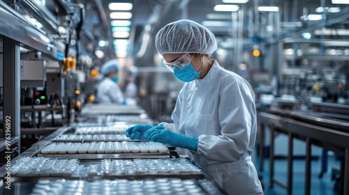 A hygiene worker checks food products for quality and safety in a clean factory setting