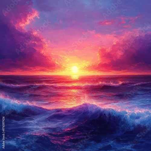 A vibrant sunset over a tranquil ocean, showcasing a blend of purple, pink, and orange hues reflecting on the water's surface.