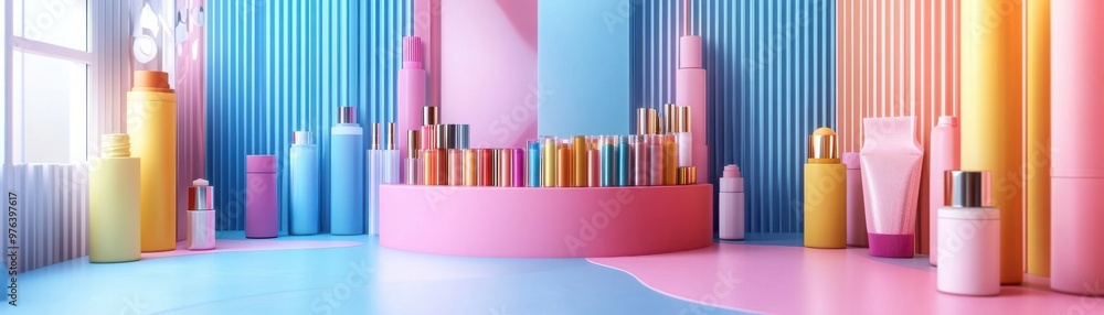 Vibrant and modern beauty product display in a playful pastel setting, featuring assorted cosmetic bottles and packaging. Vibrant and modern beauty product display in a playful pastel setting, featuring assorted cosmetic bottles and packaging.