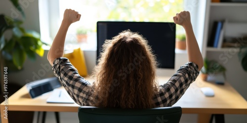 An individual is seen celebrating success in front of a computer in a home office setting, indicating achievement and happiness within a productive work environment.