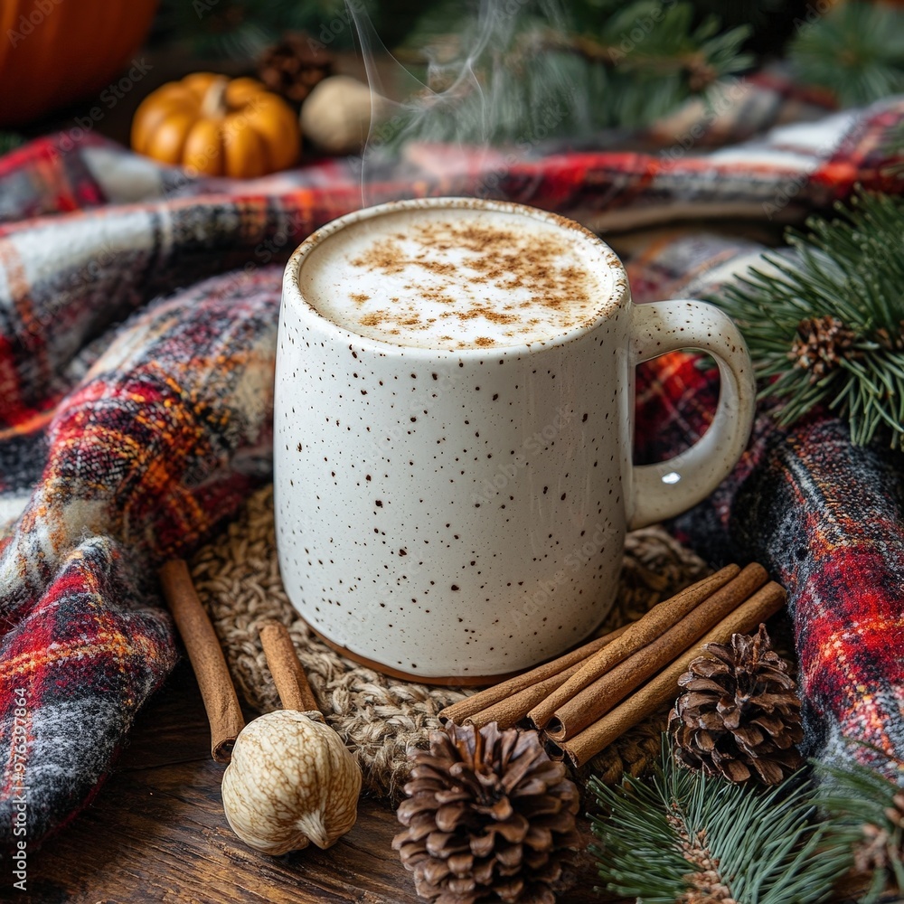 Warm and cozy cup of spiced coffee surrounded by autumn decorations in a rustic setting Warm and cozy cup of spiced coffee surrounded by autumn decorations in a rustic setting