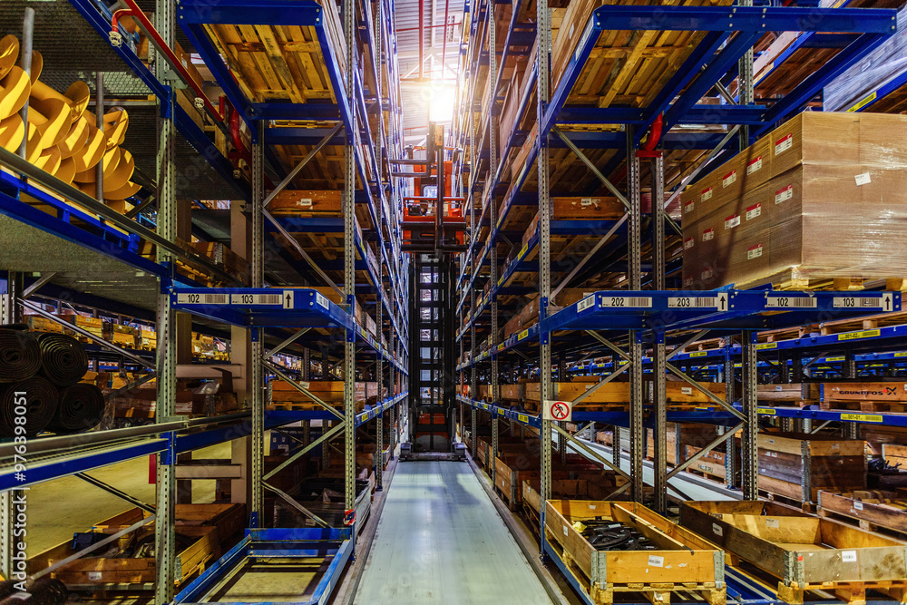 Forklift loader in Modern warehouse interior with shelves and boxes Forklift loader in Modern warehouse interior with shelves and boxes