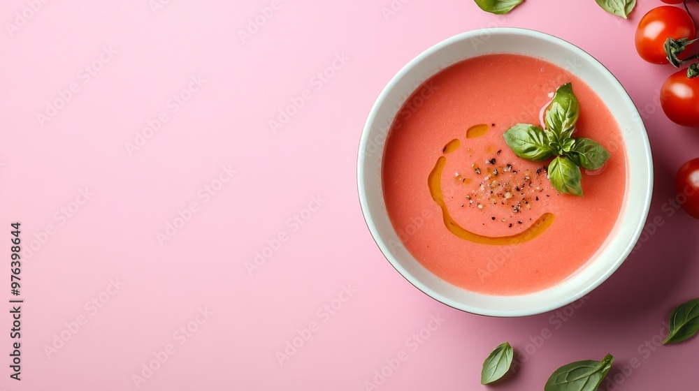 A high-quality AI-generated stock image of a bowl of refreshing gazpacho with garnish on the right side, leaving space on the left for text. Perfect for food, cooking, and summer recipe content. A high-quality AI-generated stock image of a bowl of refreshing gazpacho with garnish on the right side, leaving space on the left for text. Perfect for food, cooking, and summer recipe content.