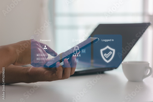 2FA security, OTP one time password, digit security code on mobile phone smartphone screen. Multiple factor authentication MFA method using portable device to protect data account on internet security photo