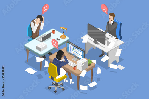 3D Isometric Flat Vector Illustration of Worried Businessmen, Sad and Tired Employee Overloaded with Work