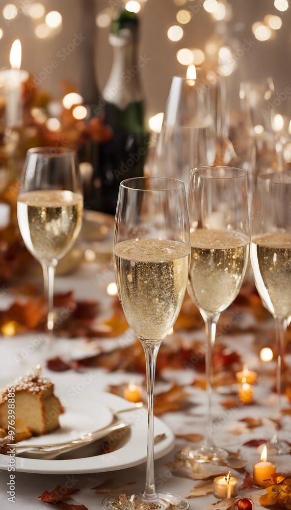 A festive table setting featuring champagne glasses, a bottle, candles, and autumn leaves.
A festive table setting featuring champagne glasses, a bottle, candles, and autumn leaves.