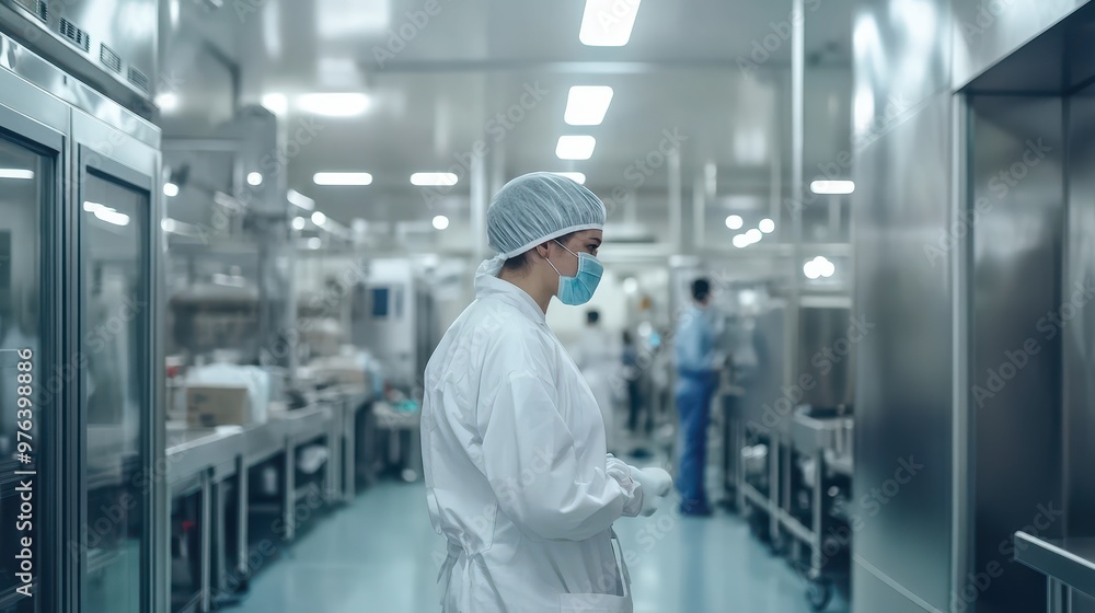 A hygiene worker checks the production line to ensure safety and quality in the clean facility A hygiene worker checks the production line to ensure safety and quality in the clean facility