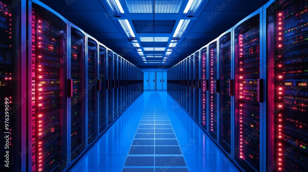 Fototapeta premium High-tech data center with rows of advanced server machines