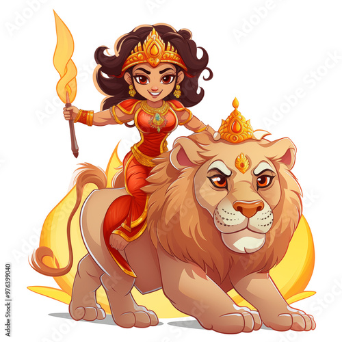 Indian Goddess Durga Riding A Lion With Fiery Background Illustration photo