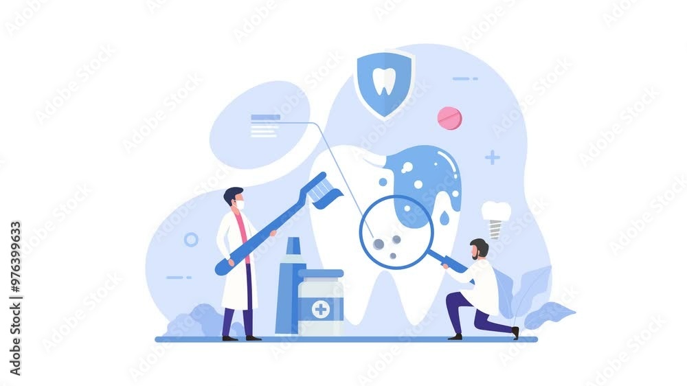 Dental specialists concept. Doctors with magnifying glass and toothbrush. Health care and medicine, treatment. Dentistry flat animated video clip footage 4k Dental specialists concept. Doctors with magnifying glass and toothbrush. Health care and medicine, treatment. Dentistry flat animated video clip footage 4k