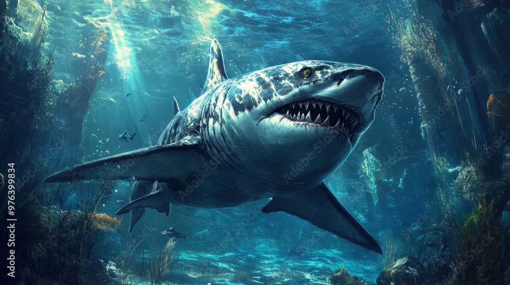 Fototapeta premium A great white shark swimming in the deep sea