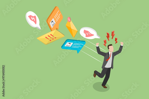 3D Isometric Flat Vector Illustration of Annoy Notifications, Businessman Avoiding Pop-Ups, Emails, and Ringing Bells
