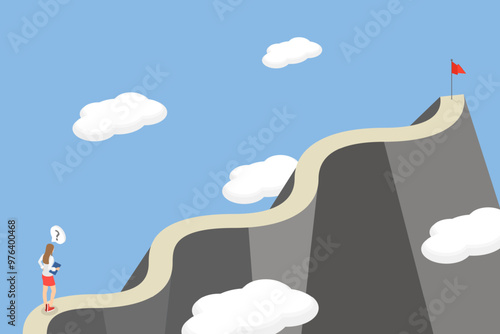 3D Isometric Flat Vector Illustration of Route To Success, Achieving a Goal at the Mountain Peak