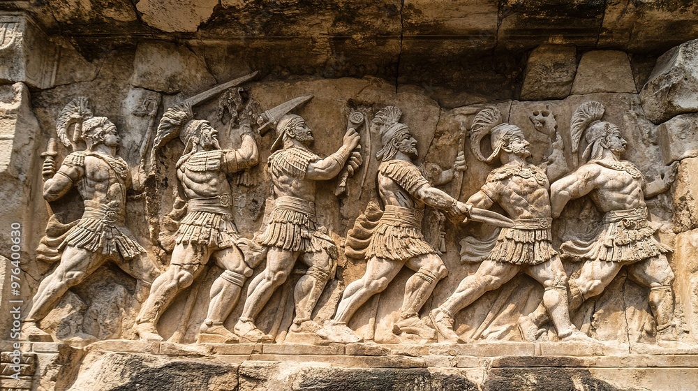 Ancient stone wall with intricate carvings of deities and mythological figures Ancient stone wall with intricate carvings of deities and mythological figures