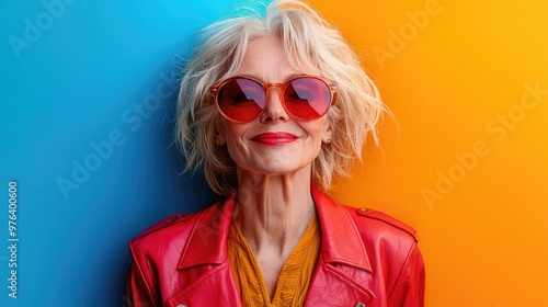 Funny old person portraits. 80s style outfit. Dab dance on colored backgrounds. Concept about seniority and old people