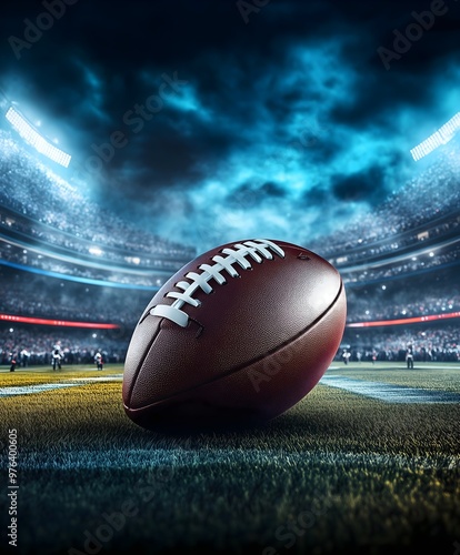 American Football on the Field Under Stadium Lights – Dramatic Sports Scene Background with Smoke and Turf, Perfect for Game Day, Competitions, Championships, and Sports Advertising
