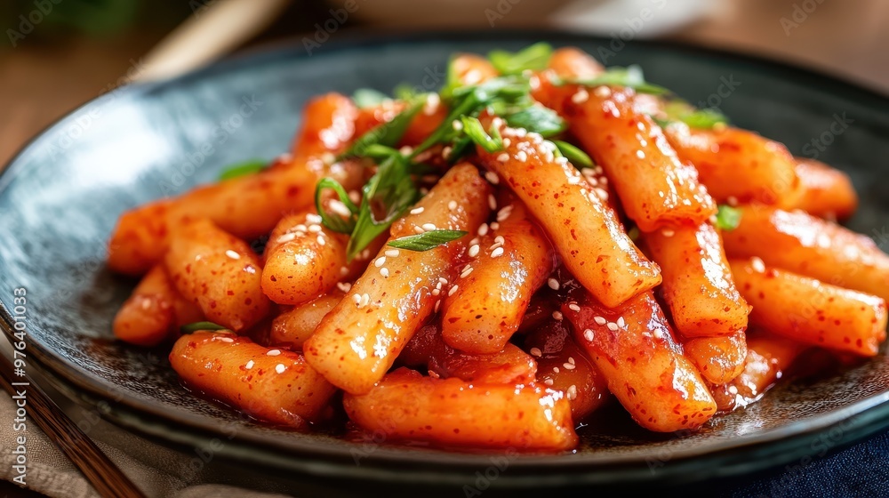 Tteokbokki with Gochujang Sauce, Fish Cakes, and Sesame Seeds Tteokbokki with Gochujang Sauce, Fish Cakes, and Sesame Seeds