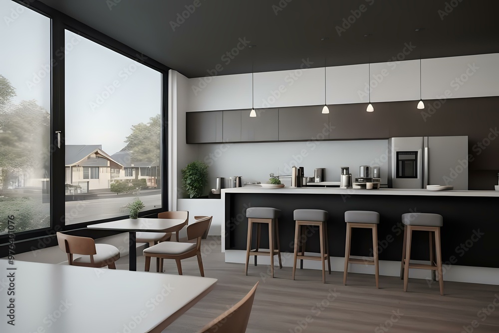 Fototapeta premium Modern Black Coffee Shop Interior Design - Top View