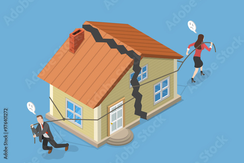 3D Isometric Flat Vector Illustration of Marriage Problems, Family Crisis and Divorce