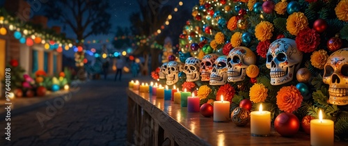 Day of the Dead Altar: A traditional Mexican altar adorned with sugar skulls, marigolds, candles, and other symbolic offerings, creates a vibrant and festive atmosphere. The flickering candlelight