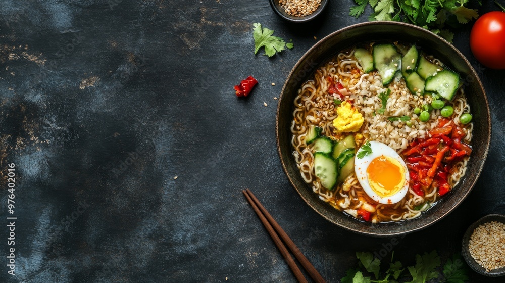A bowl of exotic ramen with egg and colorful veggies on the right side, leaving space on the left for text. Perfect for food blogs, menus, and culinary promotions. A bowl of exotic ramen with egg and colorful veggies on the right side, leaving space on the left for text. Perfect for food blogs, menus, and culinary promotions.
