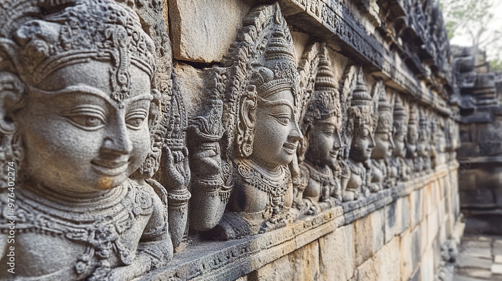 Ancient stone wall with intricate carvings of deities and mythological figures Ancient stone wall with intricate carvings of deities and mythological figures