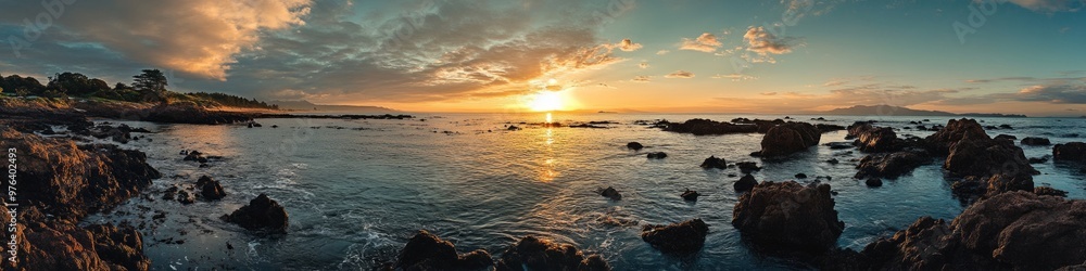Panoramic view of a sunset over the ocean Panoramic view of a sunset over the ocean