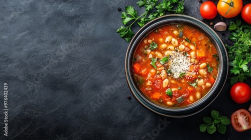 A bowl of delicious minestrone soup topped with Parmesan cheese on the right side, leaving space on the left for text. Ideal for menus, recipe cards, and culinary content.