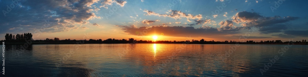 Fototapeta premium Panoramic view of a beatiful lake at sunset with a blue sky and clouds