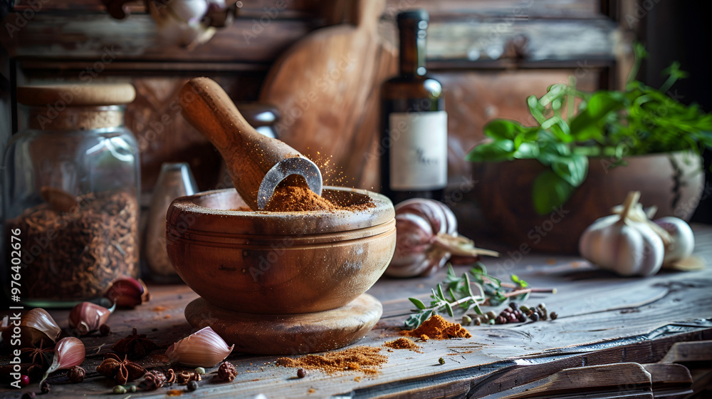 A wooden pestle and mortar grinding spices in a rustic kitchen setting A wooden pestle and mortar grinding spices in a rustic kitchen setting