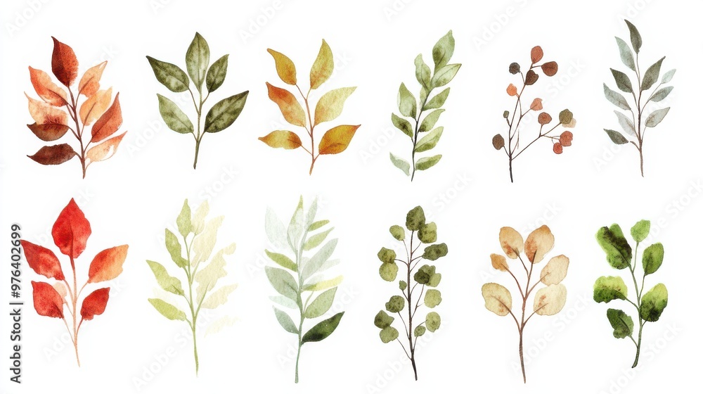 Obraz premium A variety of hand-drawn green leaf botanical illustrations - herbarium
