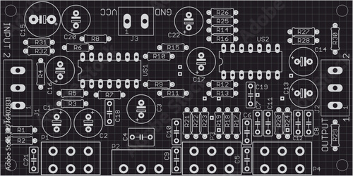 Placement of components of radio elements (contact
pads and seats) on printed circuit board of electronic device. Vector engineering 
drawing of pcb. Electric background. Computer technic cad design.