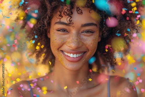 A joyful celebration with colorful confetti and smiles in the sunny outdoors