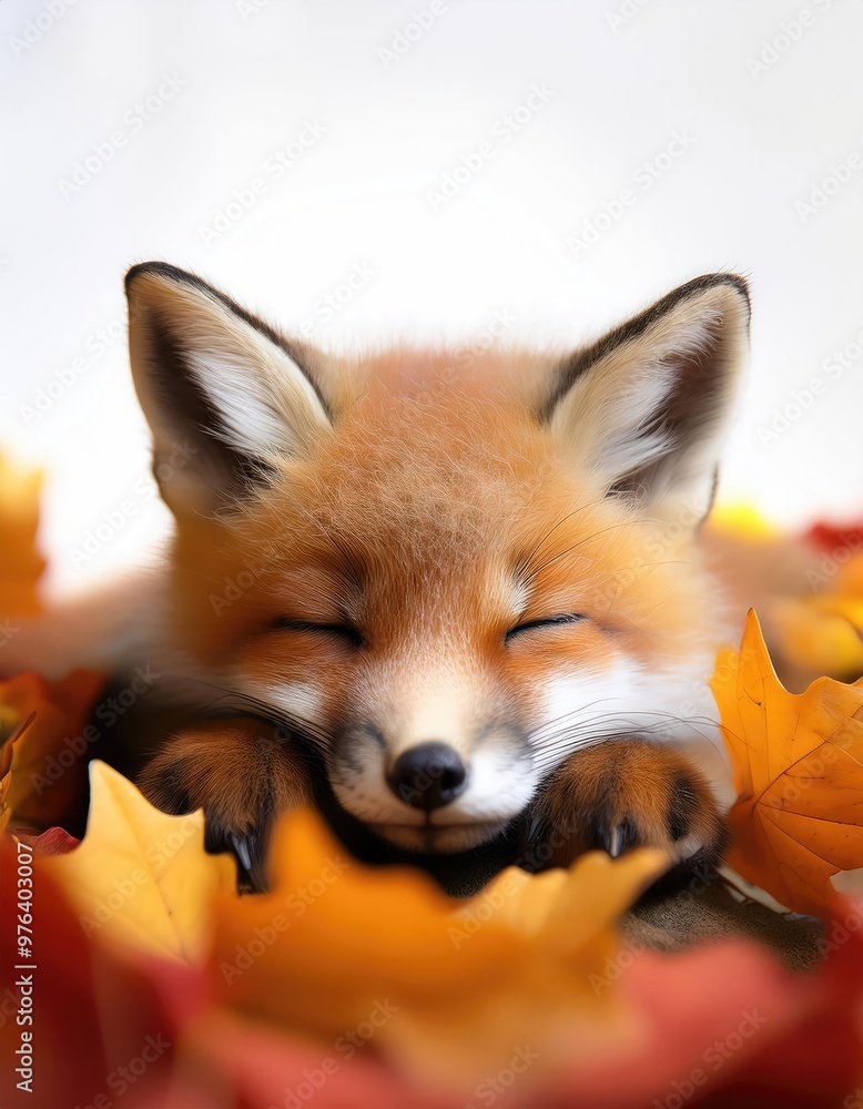 Sleepy fox cub in fall leaves Sleepy fox cub in fall leaves