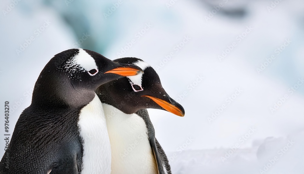 Naklejka premium Two penguins huddle close in the snow.