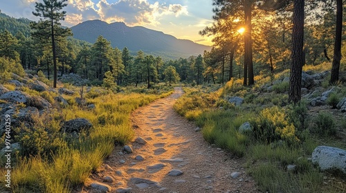 Scenic pathway through a forest at sunset. photo