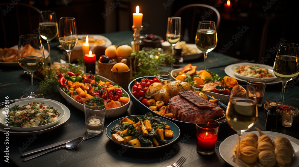 A top-down view of a beautifully set Thanksgiving table, featuring food and beverage A top-down view of a beautifully set Thanksgiving table, featuring food and beverage