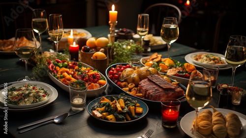 A top-down view of a beautifully set Thanksgiving table, featuring food and beverage