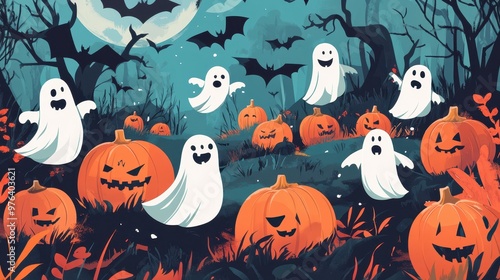 Ghosts and Jack-o'-Lanterns in a Spooky Forest