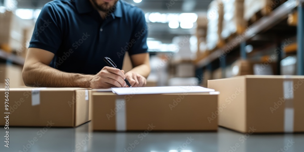 A warehouse worker is seen signing important documents on several parcels, indicating a busy and organized environment, ready for shipment and logistics management. A warehouse worker is seen signing important documents on several parcels, indicating a busy and organized environment, ready for shipment and logistics management.