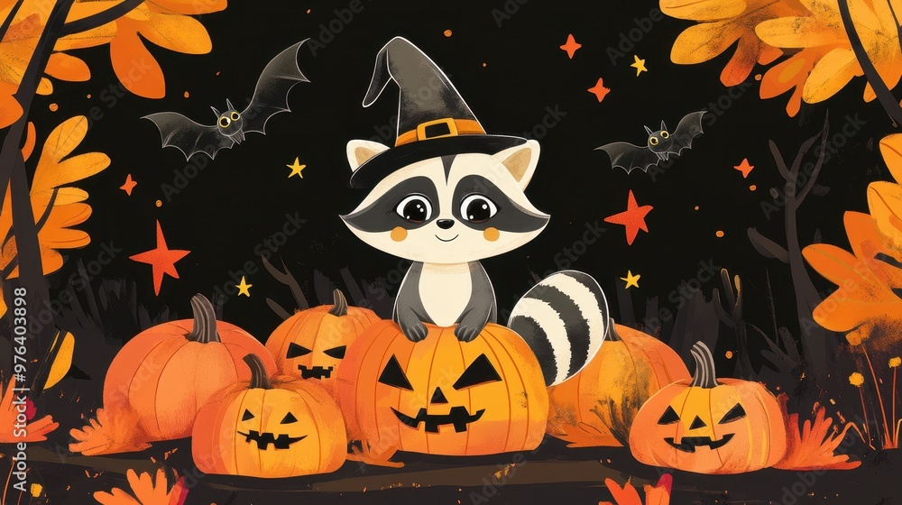 Raccoon in Witch Hat with Jack-o'-Lanterns and Bats for Halloween Raccoon in Witch Hat with Jack-o'-Lanterns and Bats for Halloween
