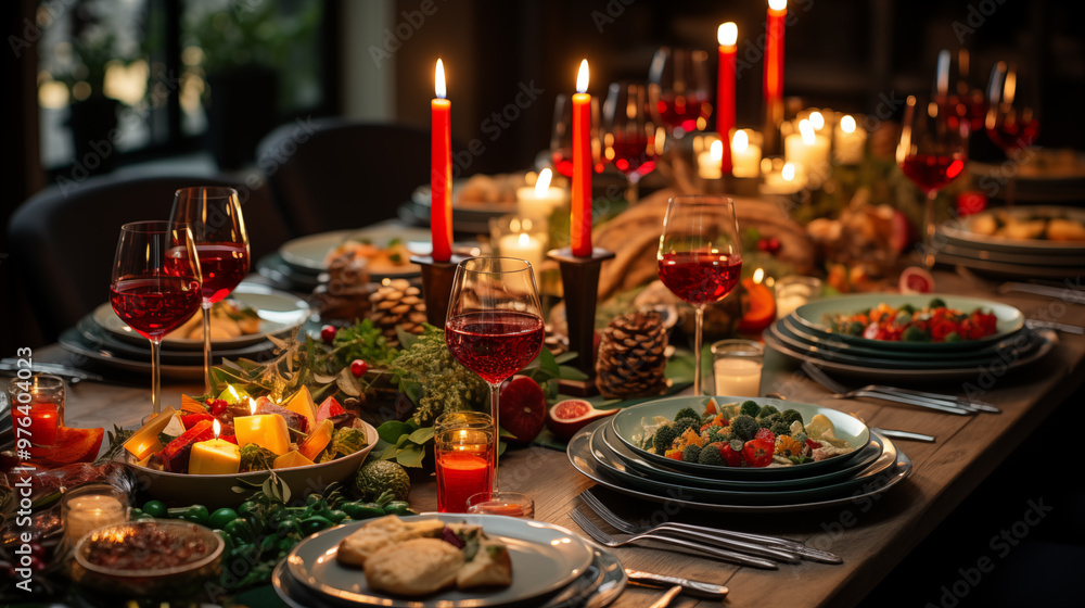 A top-down view of a beautifully set Christmas Eve table, featuring food and beverage A top-down view of a beautifully set Christmas Eve table, featuring food and beverage