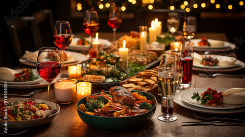 A top-down view of a beautifully set Christmas Eve table, featuring food and beverage