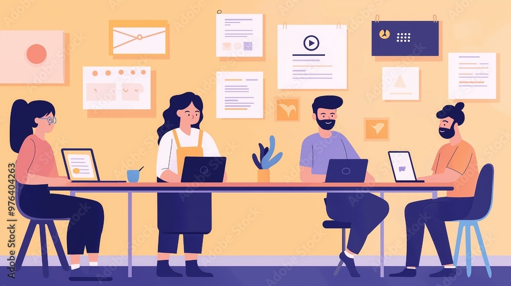 In a cooperative workspace, a marketing team is crafting social media posts and emails to influencers. In a cooperative workspace, a marketing team is crafting social media posts and emails to influencers.