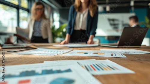 A female CEO plans the company's future with her executive board. The table is filled with strategic plans and growth charts