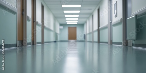 An empty corridor in a hospital with closed doors on either side, showcasing a clean and sterile environment, representing health care, solitude, and anticipation. Minimalist scene.