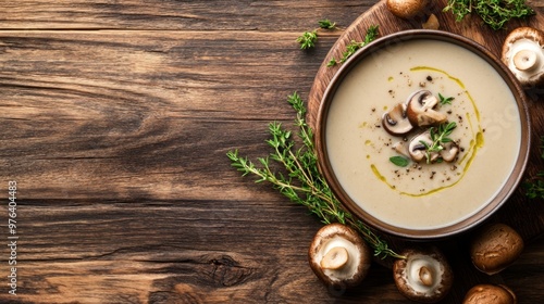 A bowl of creamy mushroom soup garnished with fresh herbs on the right side, with space on the left for text. Ideal for soup recipes, restaurant menus, and food blogs.